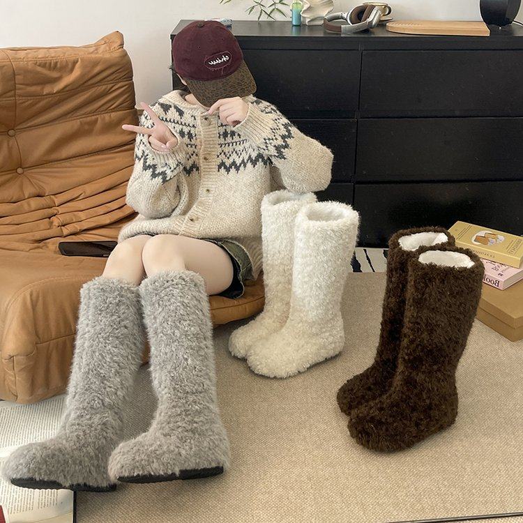 秋冬雪地靴高筒靴保暖羊羔毛加绒厚底内增高新年软毛毛靴子女棉鞋