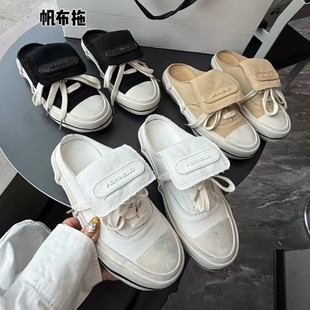 做旧布面圆头翻舍系带包头拖鞋女2026春夏新款外穿一脚蹬休闲拖鞋
