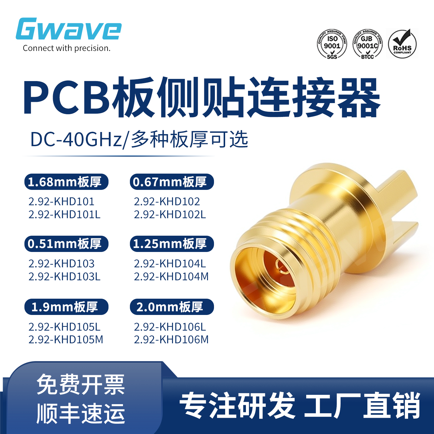 谷波互连2.92mm母偏脚夹板连接器板厚0.51-2.0mm 2.92-KHD10X 40G