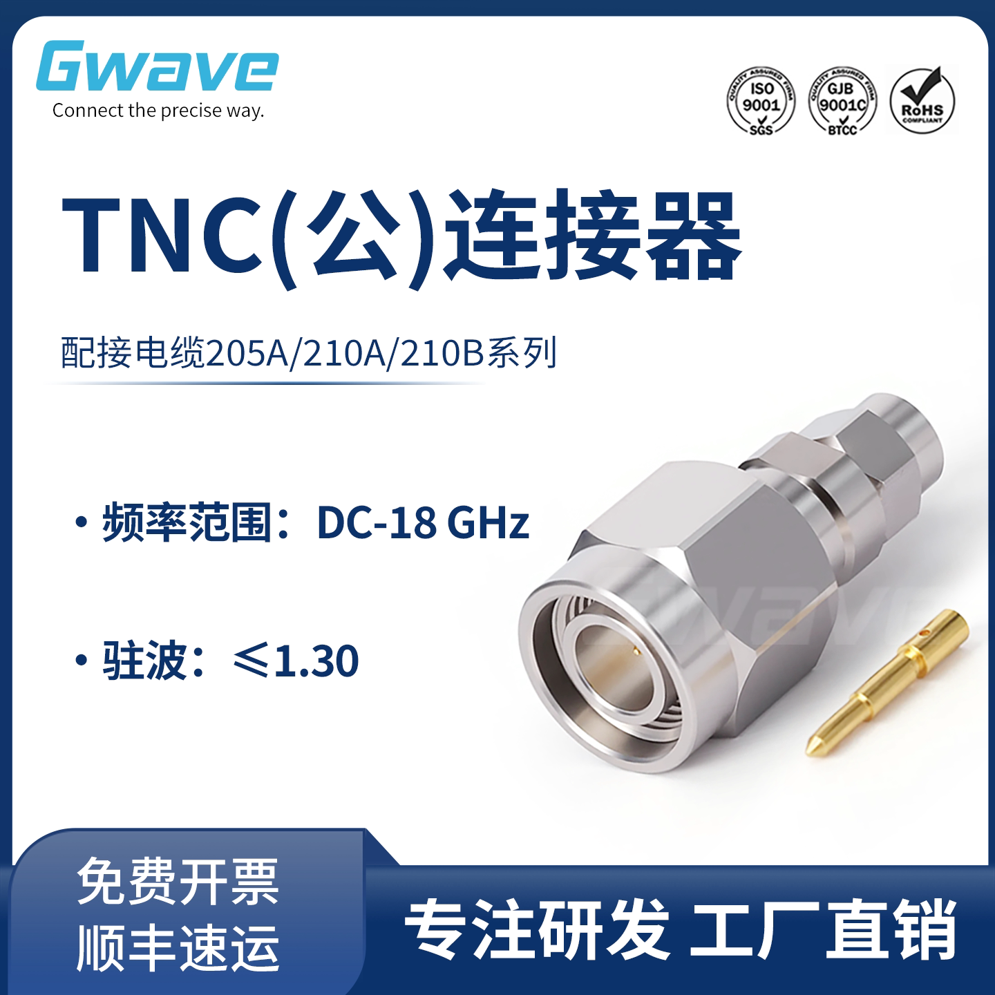 谷波互连TNC公接头连接器 配接电缆205A/210A/210B 18G TNC-J501