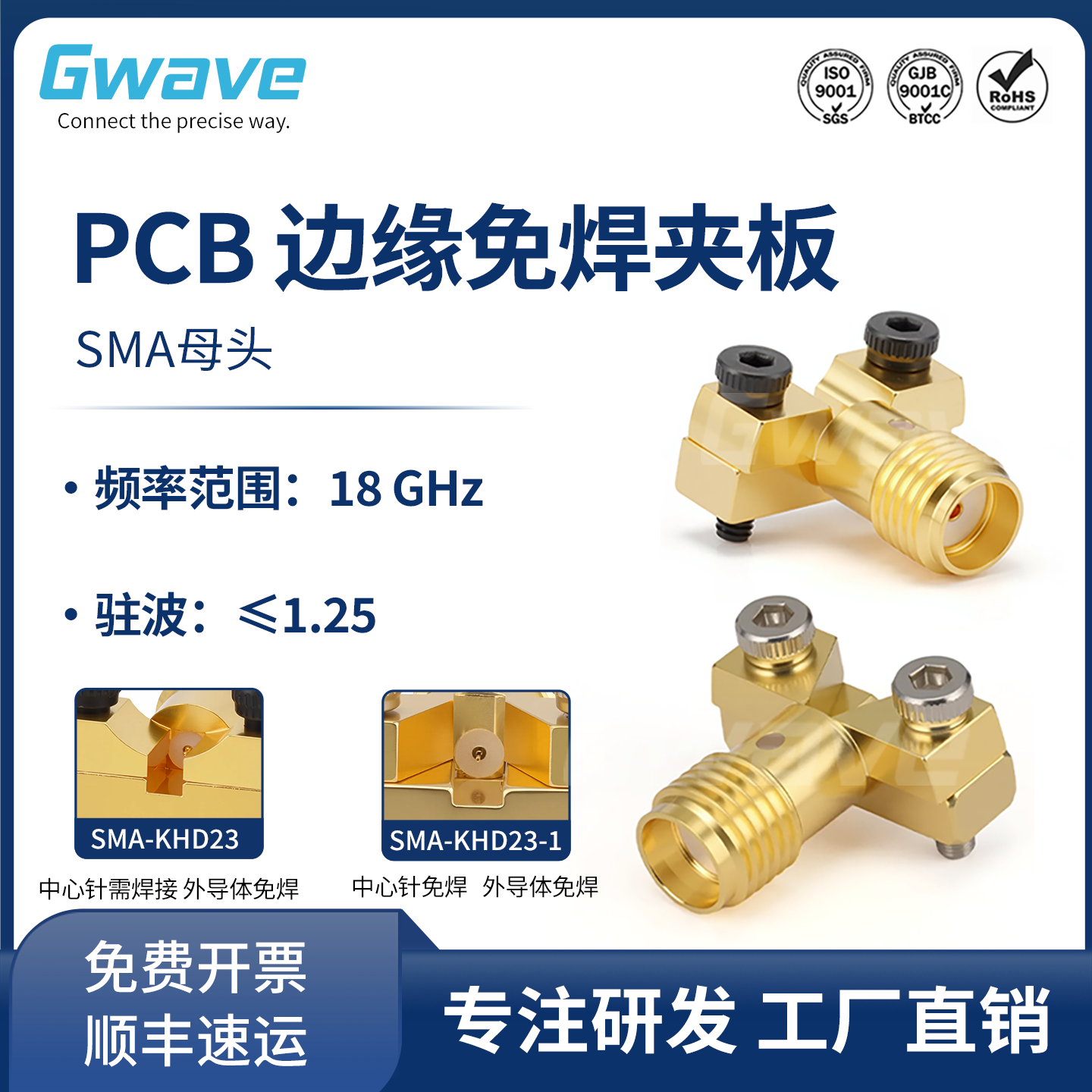 谷波互连SMA-KHD23 射频PCB边缘夹板免焊连接器 SMA接头 DC-18GHz