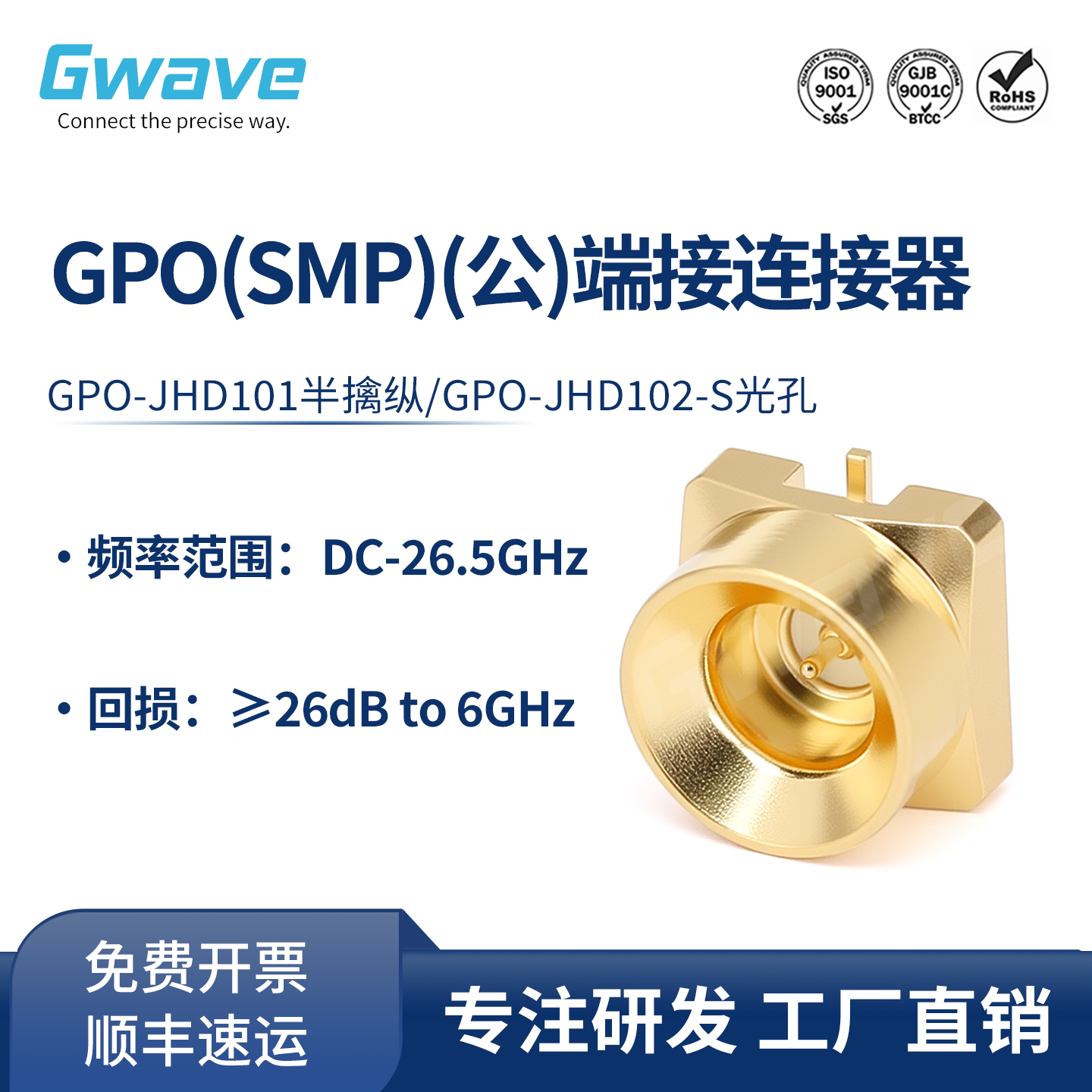 谷波互连SMP公PCB表贴连接器板对板半擒纵 DC-26.5GHz GPO-JHD101