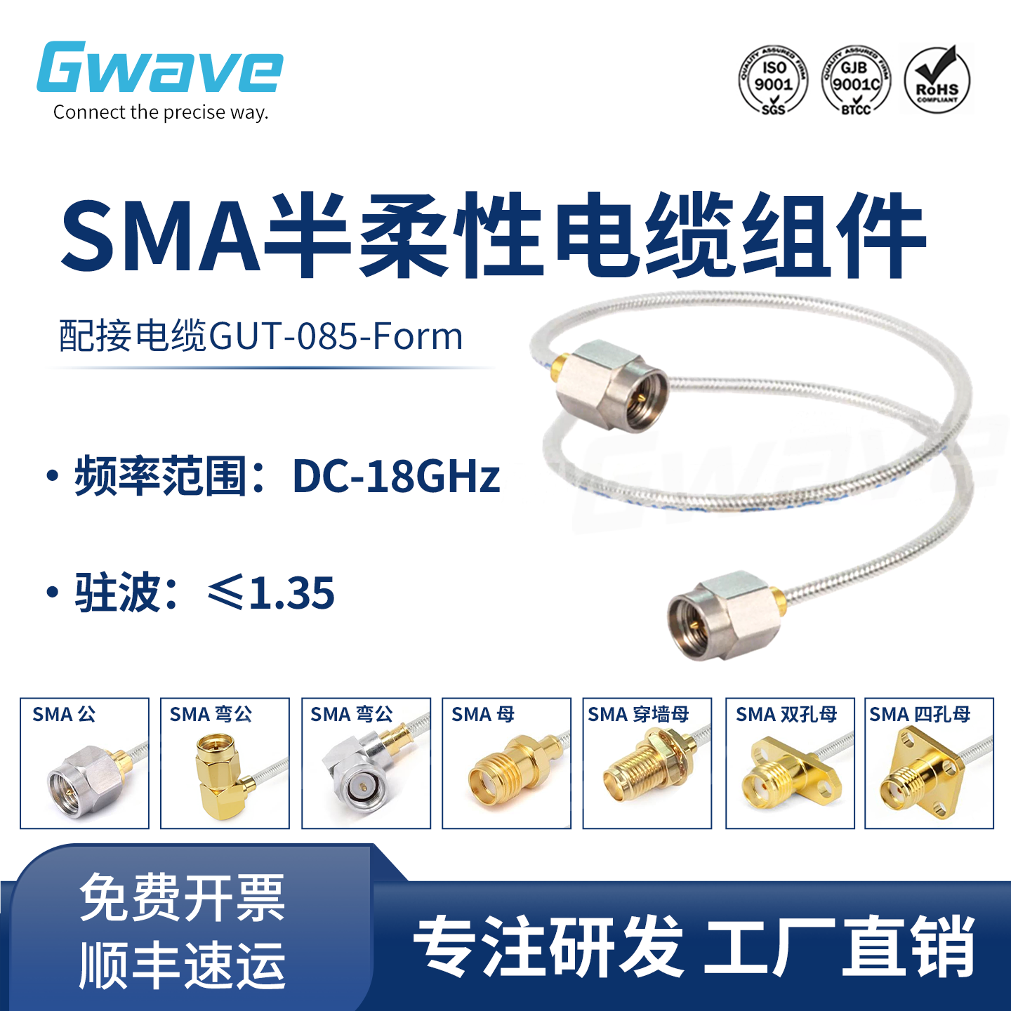 谷波互连SMA-SMA射频同轴连接线 086半柔电缆组件延长转接线18GHz