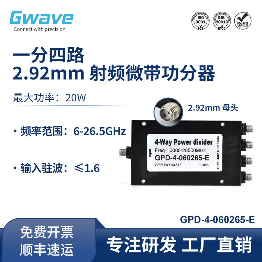 谷波2.92mm母射频微带一分四功分器6-26.5GHz 20W GPD-4-060265-E