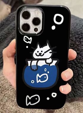 趣味抓鱼猫咪适用于红米turbo3手机壳小米14/13/12pro新款note11/10/9/8直边k70pro亮面k60k50软k40k30保护套