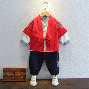 汉服男童中国风古装三件套宝宝周岁礼服唐装儿童春秋款复古演出服
