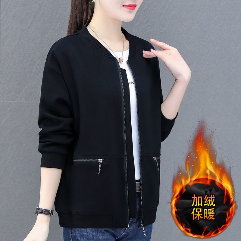 棒球服外套女小个子加绒加厚胖mm秋冬季无领开衫外穿保暖短款上衣