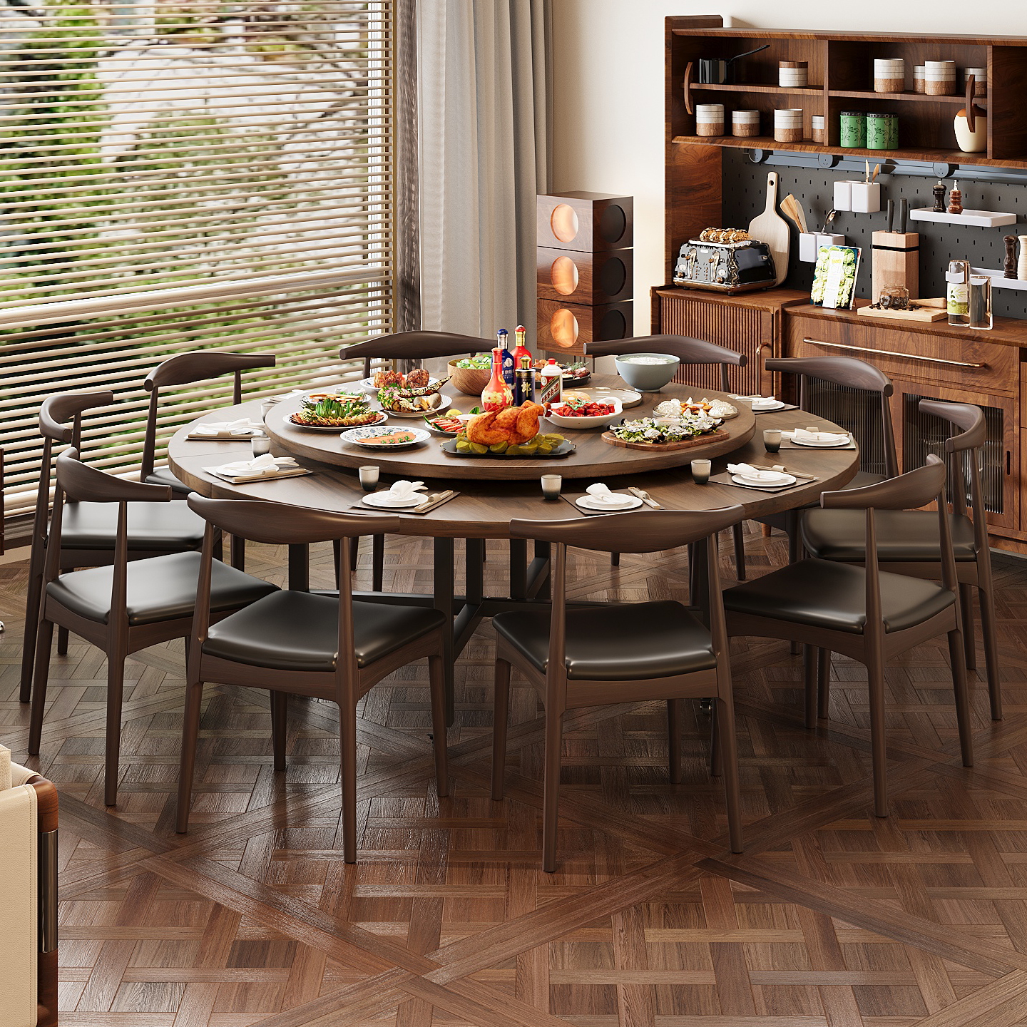 新款中古风实木圆桌餐桌