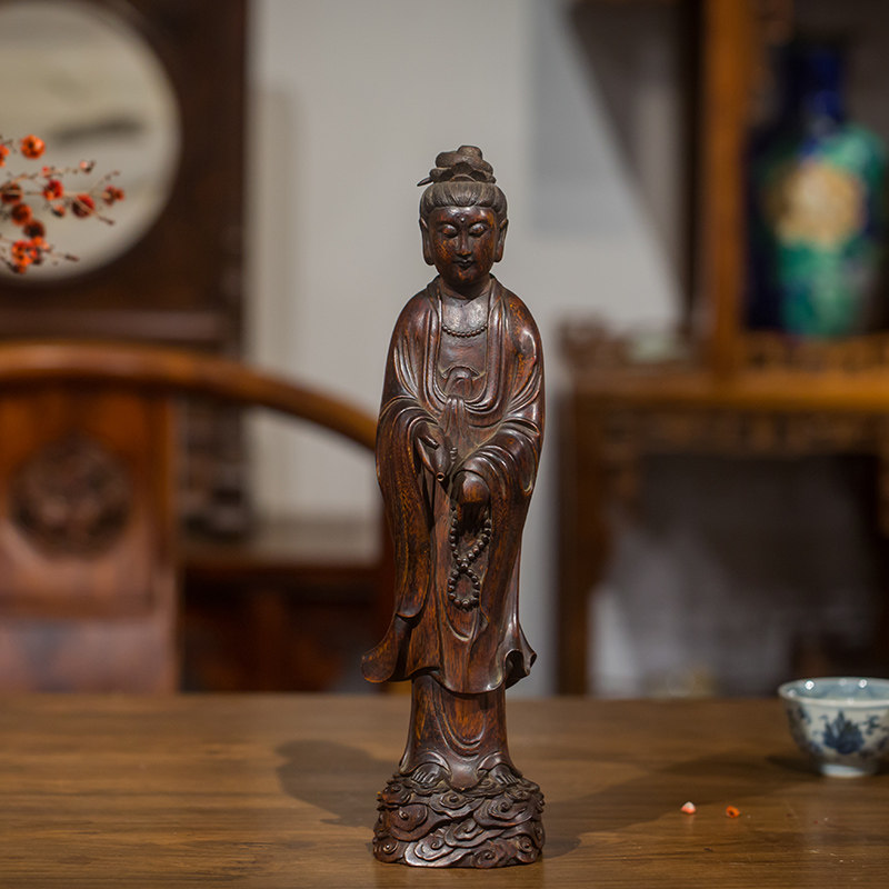 清代沉香木雕净瓶观音像古玩古董佛像收藏客厅观音佛像供奉摆件
