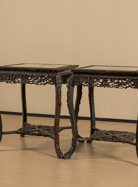 清代 红木镶云石透雕喜上眉梢三弯腿方桌（一对）古董家具文房桌