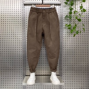 秋冬新款毛呢小脚休闲裤男潮流纯色掐折宽松哈伦裤国潮时尚锥形裤