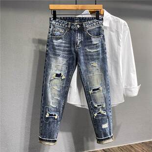 高街乞丐破洞补丁水洗蓝九分牛仔裤男生潮牌修身合体小直筒长裤子