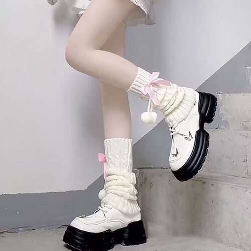 白色毛球袜套女日系秋冬jk洛丽塔加厚保暖Lolita甜美蝴蝶结堆堆袜 - 封面