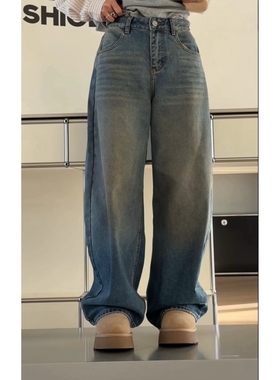 现货新款诗歌兰87553美式个性街头做旧抓毛蓝色脏脏牛仔裤女2025