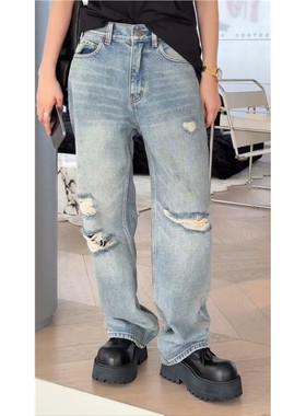 秒发M018诗歌兰2025秋款时尚气质浅蓝色洋气直筒裤显瘦破洞牛仔裤