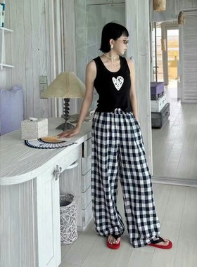 秒发诗歌兰58350慵懒简约温柔格子阔腿裤防晒休闲裤2025新款女装