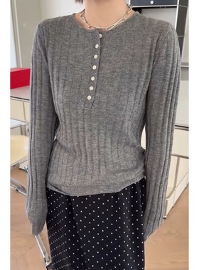 现货诗歌兰11095温柔知性韩系纽扣圆领坑条纹羊毛针织衫25秋新款