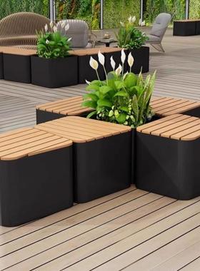 户外不锈钢铁艺坐凳花箱组合灯光花槽广场树池座商业街不锈钢花坛