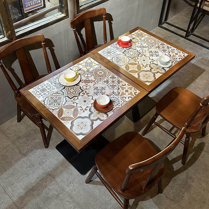 咖啡厅桌椅实木组合美式复古餐饮火锅糖水甜品店西餐厅方形桌商用