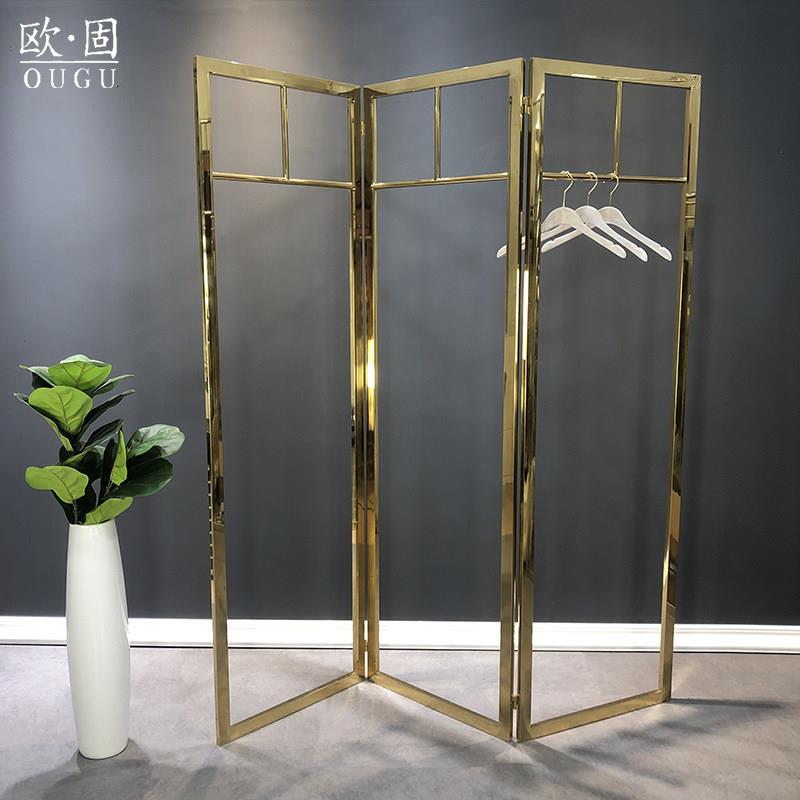 服装店不锈钢定制女装展示架钛金色镜面落地式屏风橱窗道具衣帽架