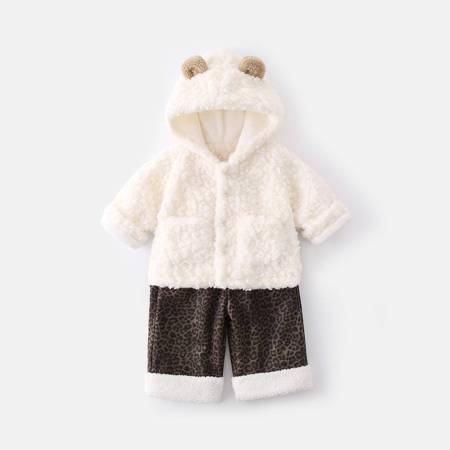 冬季婴幼儿童套装连帽加绒加厚外套长裤男女宝宝摇粒绒豹纹两件套