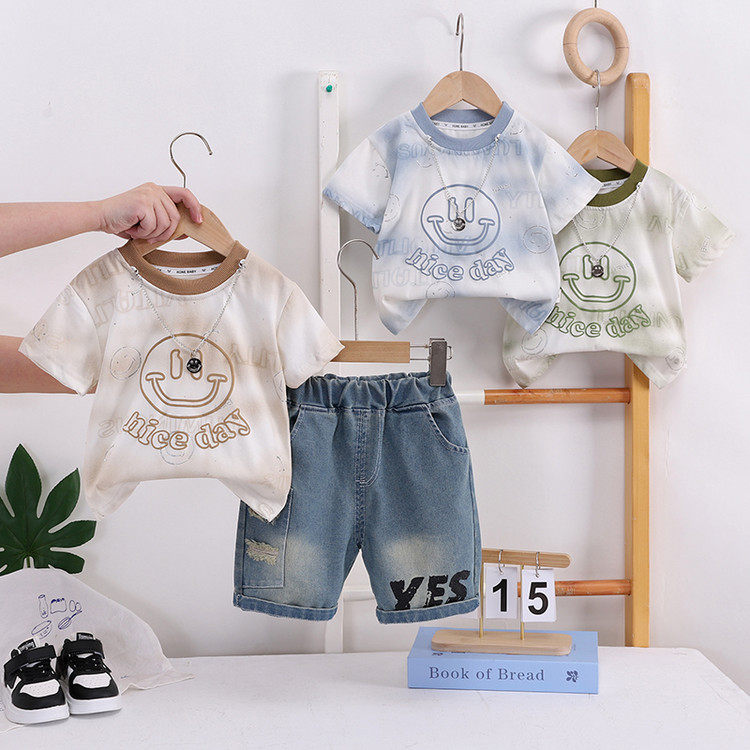 2026夏款新款印花字母笑脸短袖T恤牛仔短裤两件套夏卡通男童套装
