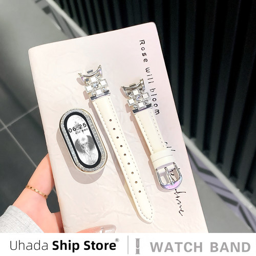 适用小米10表带清冷钻影皮质腕带