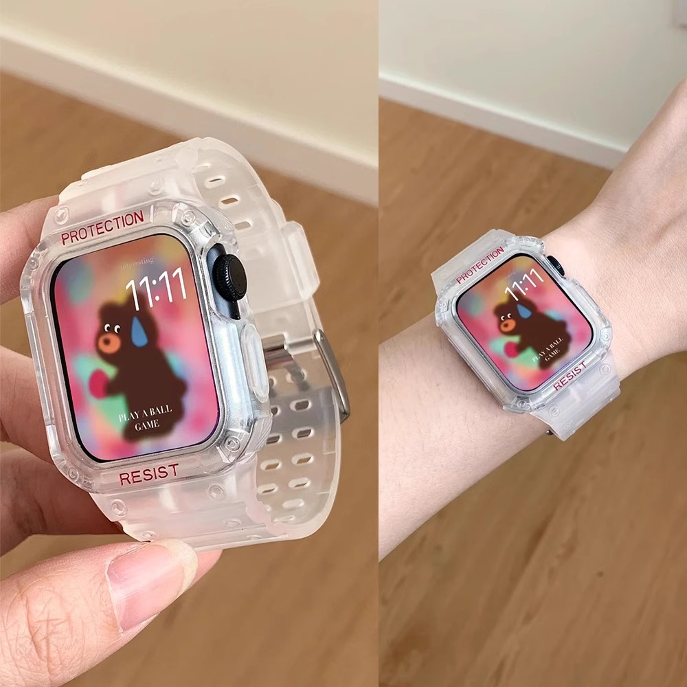 uhada适用applewatch9表带苹果手表iwatch9硅胶运动一体壳透明磨砂男女新款6/5/4/SE代创意夏季透气休闲表带