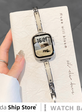 uhada适用苹果手表表带金属弯月手镯iwatch表带高级表链女applewatch表带快拆卡扣拼皮小香风苹果手表11表带