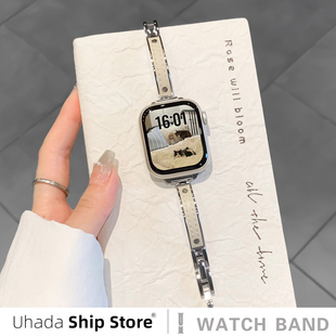uhada适用苹果手表表带金属弯月手镯iwatch表带高级表链女applewatch表带快拆卡扣拼皮小香风苹果手表11表带