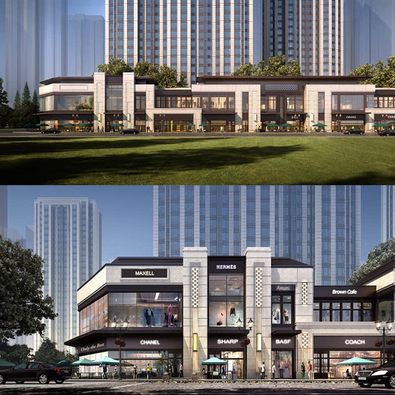 现代新亚洲高层住宅小区大门主入口建筑沿街商业购物广场su模型