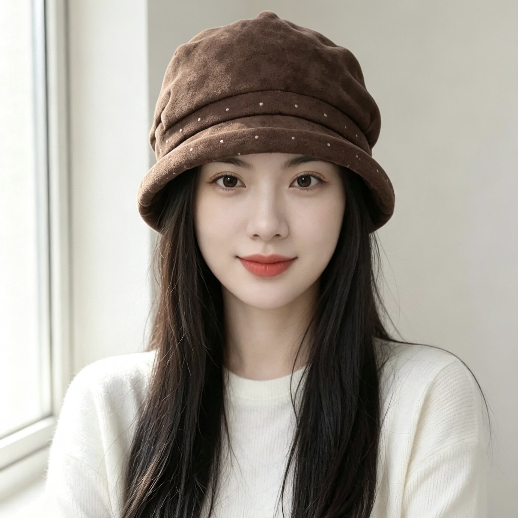 复古麂皮绒波点褶皱渔夫帽子女秋冬季时尚百搭显脸小三帽合一盆帽