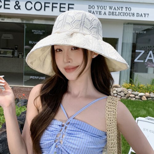 春夏针织蕾丝透气大檐防晒渔夫帽