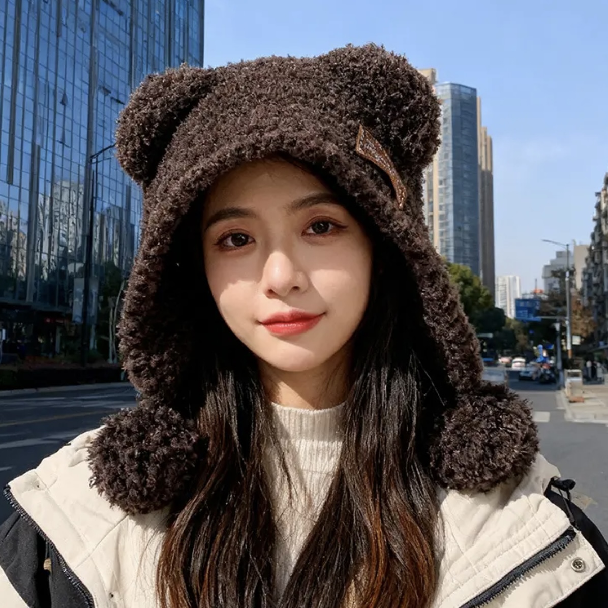 可爱小熊加厚毛绒保暖针织帽秋冬