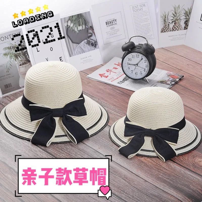 2024新款亲子帽子女儿童韩版百搭蝴蝶结草帽度假海边防晒帽沙滩帽