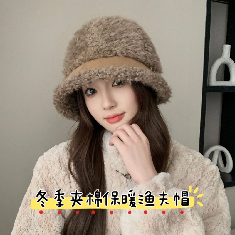 户外盆帽渔夫帽女羊羔毛百搭冬季