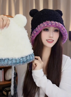 秋冬新款可爱小熊帽子女加绒加厚保暖护耳毛线帽小辫子减龄包头帽