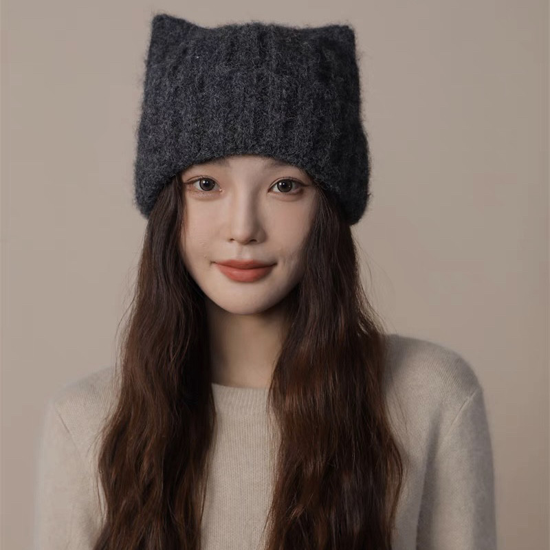 猫耳朵可爱毛线帽子女秋冬季加厚保暖护耳包头帽大头围百搭针织帽