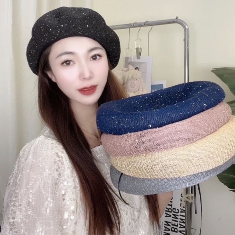 贝雷帽子女2025新款春夏镂空透气时尚亮片画家帽百搭显脸小蓓蕾帽