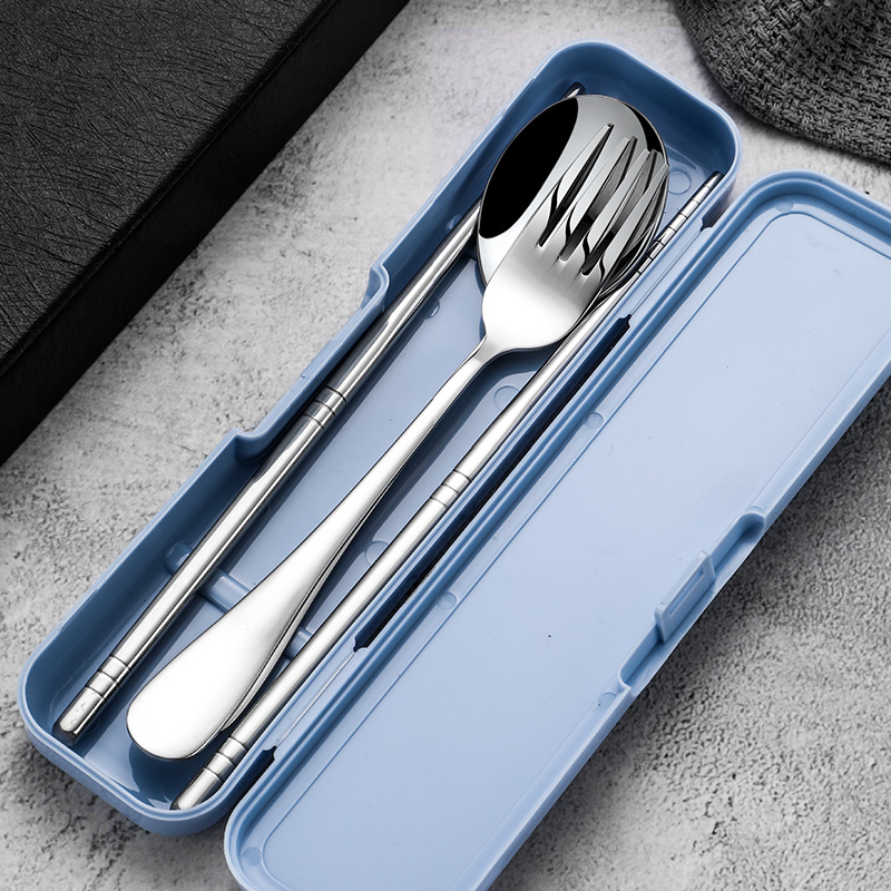 304不锈钢筷子勺子套装学生勺筷叉便携餐具翻盖收纳盒学生二件套
