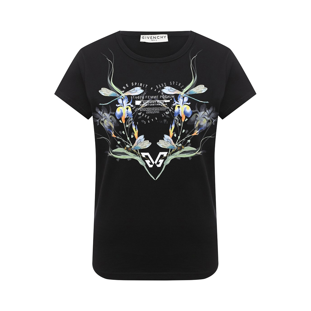 GIVENCHY 女士黑色棉质花卉图案印花圆领短袖T恤 BW707Y3Z3T-001