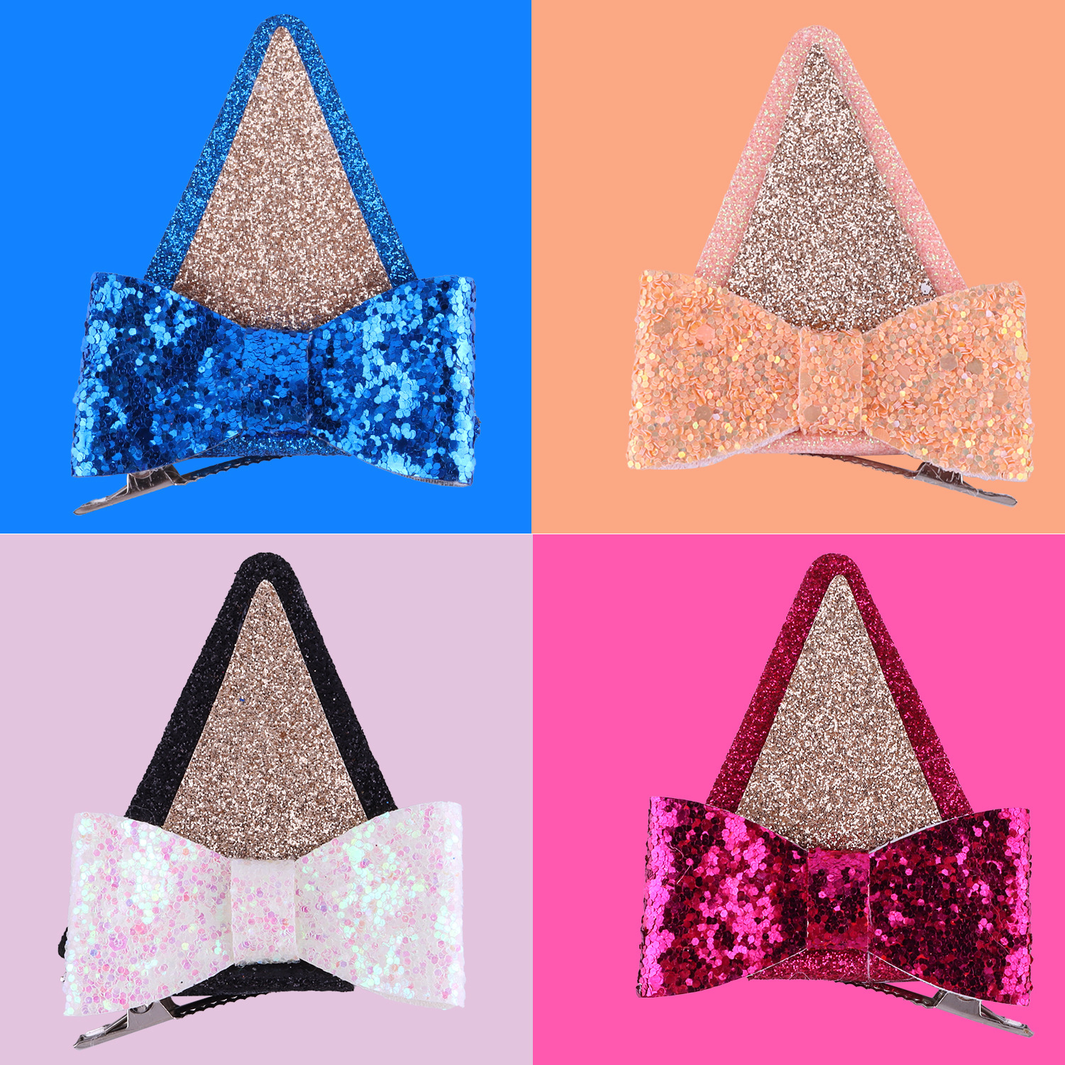 布料公主可爱金葱发夹亮片立体蝴蝶结发卡儿童卡通狗耳朵鸭嘴夹