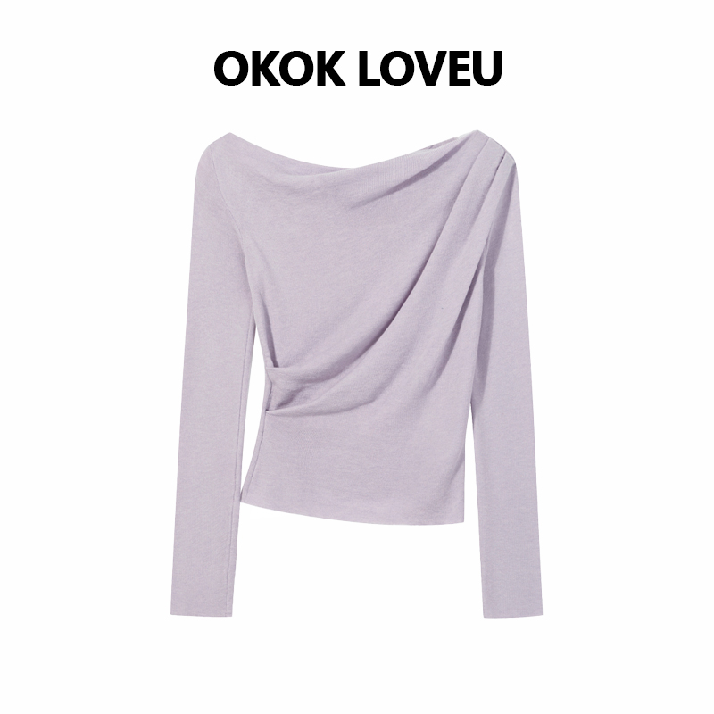 纯欲荡领紫色褶皱收腰针织衫女