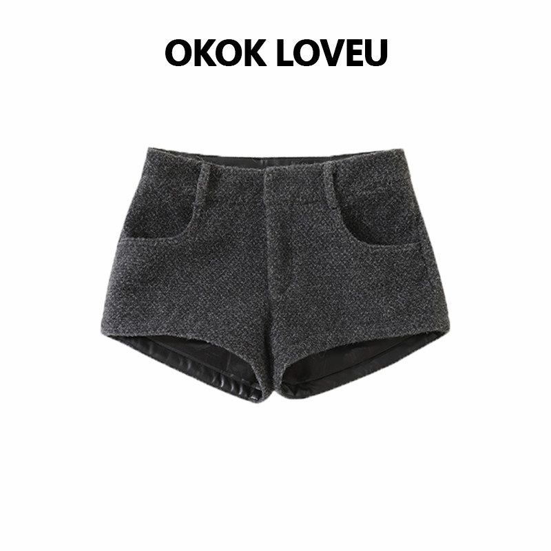 巴黎手札时髦高级灰毛呢直筒短裤女2025冬季新款辣妹包臀休闲裤子