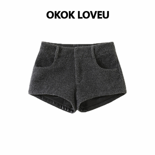 巴黎手札时髦高级灰毛呢直筒短裤女2025冬季新款辣妹包臀休闲裤子