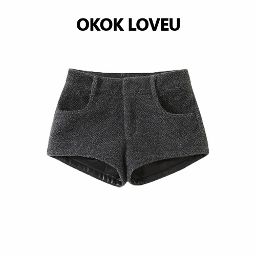 巴黎手札高级灰毛呢直筒短裤女冬