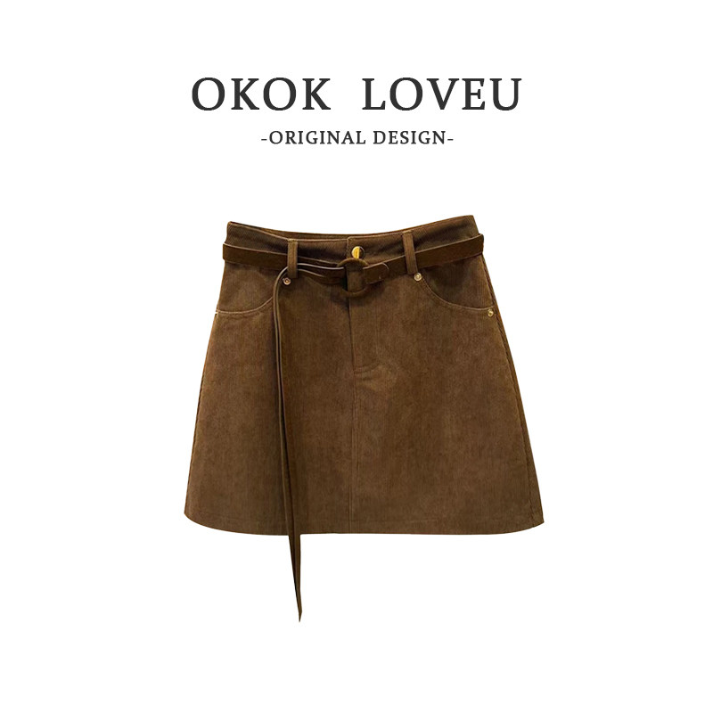 复古咖色灯芯绒a字半身裙女