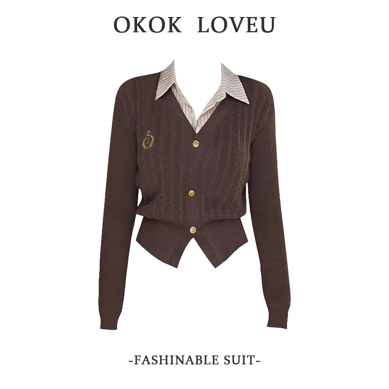 美拉德咖色内搭假两件polo衫女秋