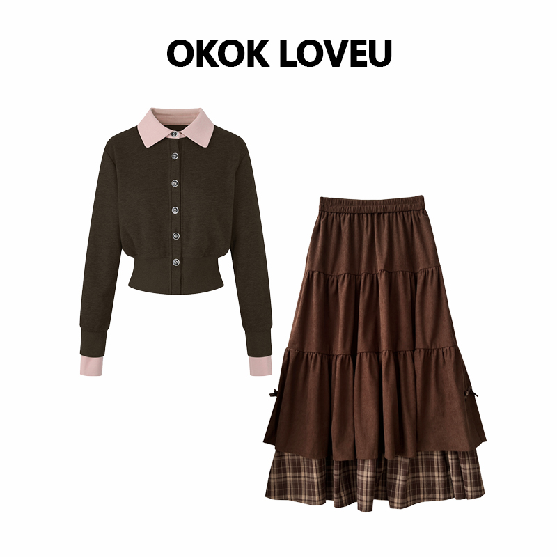 秋冬美拉德撞色假两件格子套装