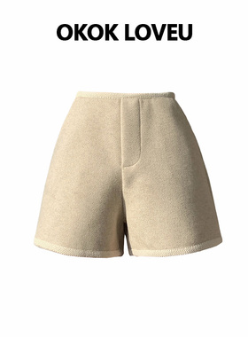 OKOKLOVEU 高级感杏色毛呢短裤女秋冬高腰加厚直筒靴裤外穿休闲裤